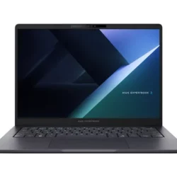 Vue frontale directe d'un PC portable ouvert montrant un écran d'accueil avec le logo de la marque sur l'affichage.