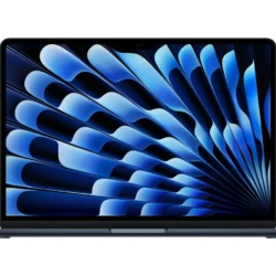 Vue de face directe d'un PC portable Apple MacBook Air ouvert avec le fond d'écran "pétales" bleu et bleu clair par défaut.